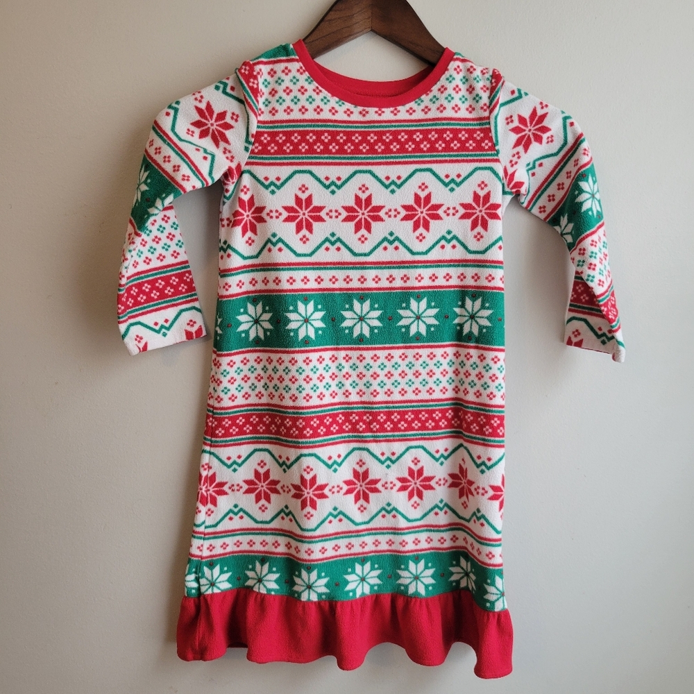 Toddler Girls Festive Fair Isle Red Green Family Fleece Jammy Dress, 4T